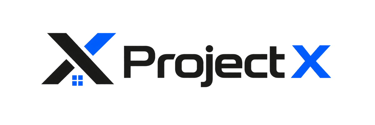 The ProjectX logo, featuring a stylized black and blue 'X' with small window details, and the word 'ProjectX' in black and blue, set against a solid white background.